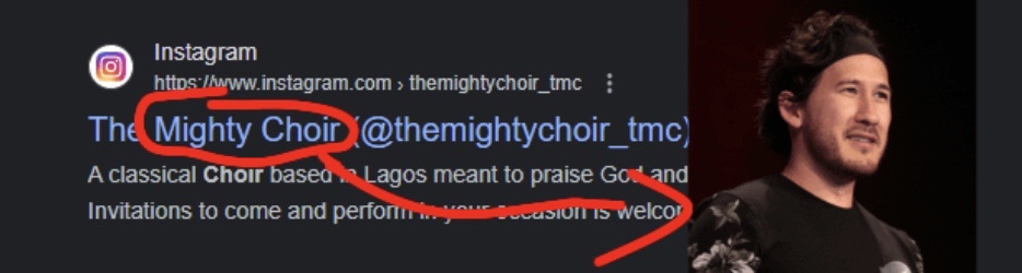 Text 'The Mighty Choir' with an arrow pointing to an image of Markiplier.