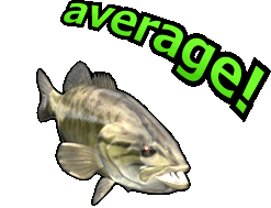 Fish spins into frame, green text 'average!' appears!
