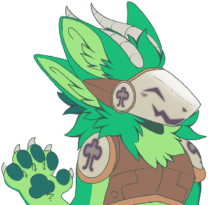 Portrait of a member of the protogen race with a happy expression. She has soft sea-green fur, medium-brown plating, and a white visor.